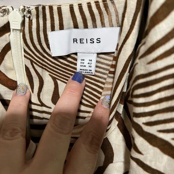 REISS Linen Blend Zebra Print Dress Size 10 Cream Brown Surplice Tie Waist Midi - Picture 7 of 14